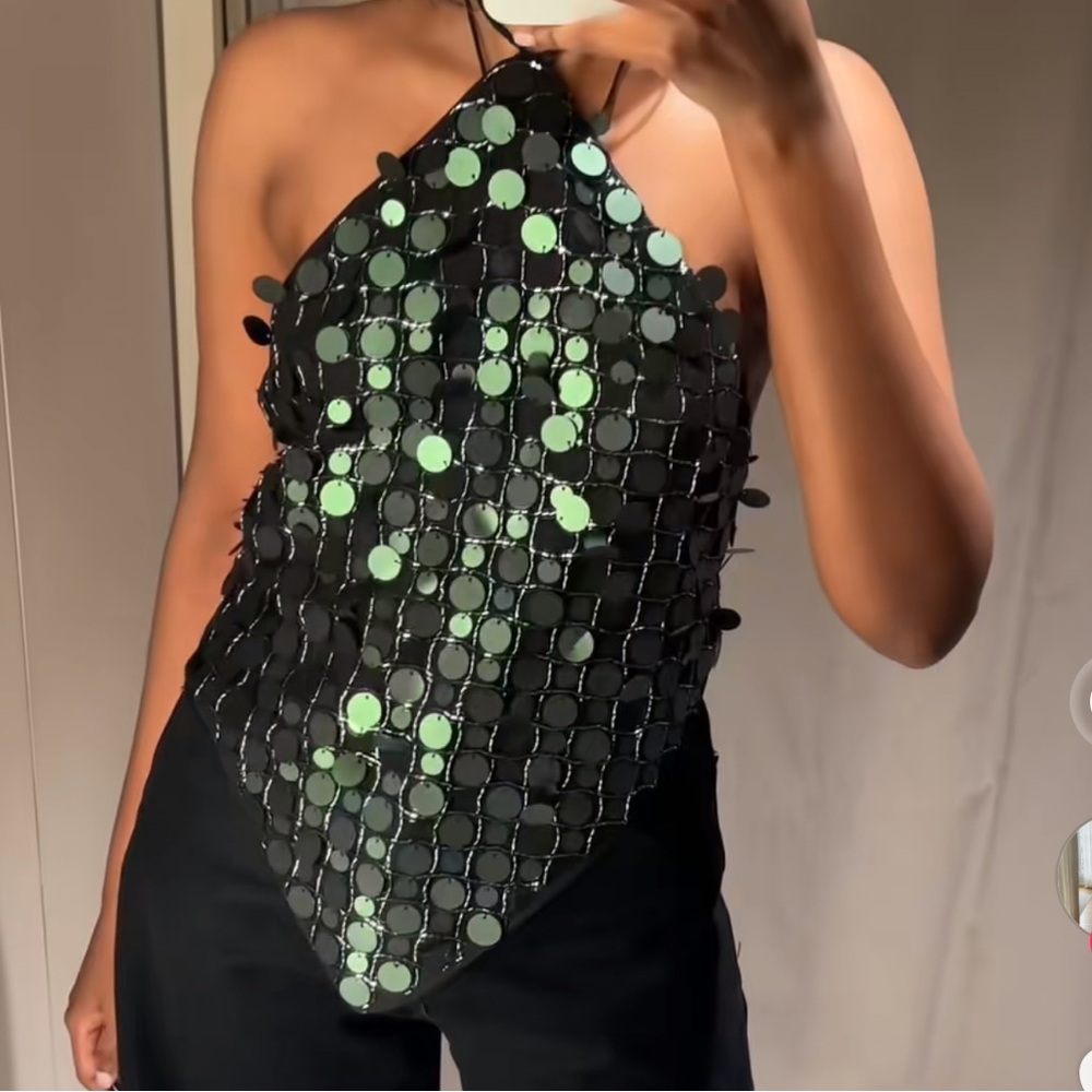 ZARA NWT M Dark Green Sequin Halter Top Asymmetrical Party Festival - Picture 10 of 11